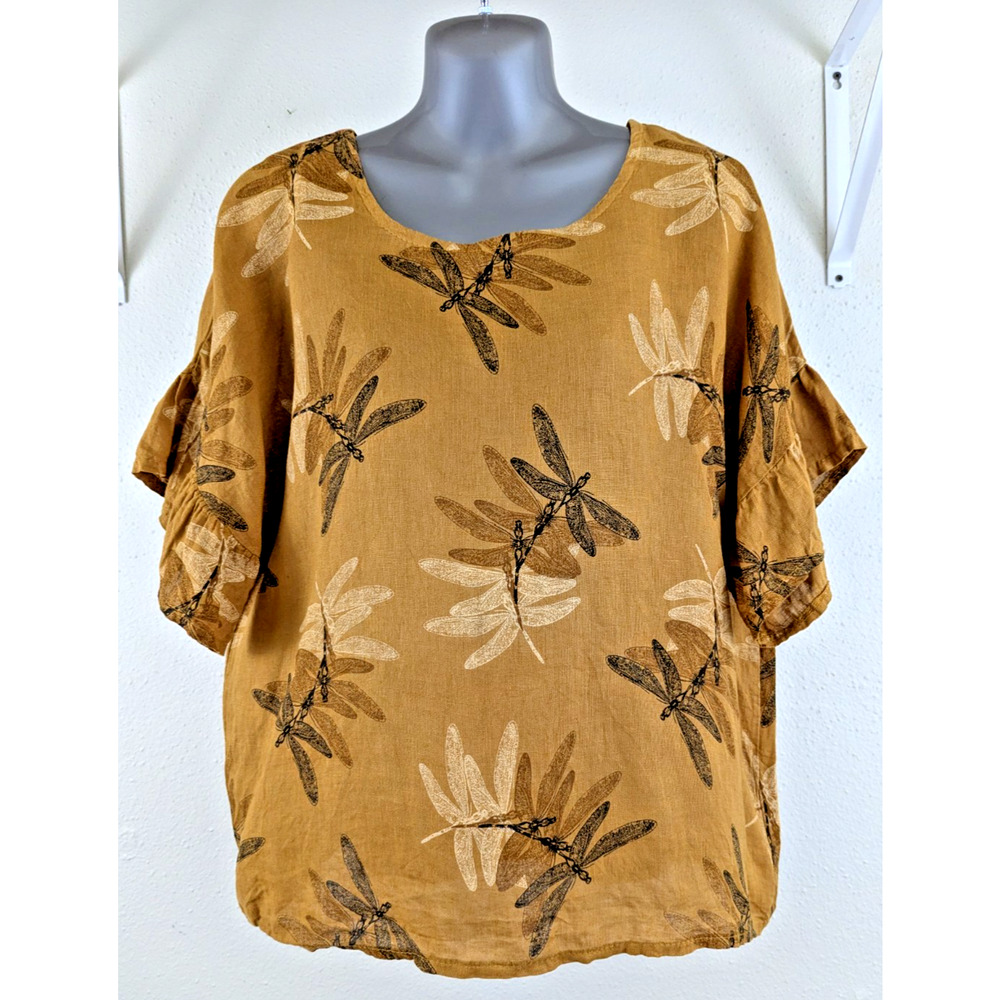 Elena Baldi sz L 100% Linen Blouse dragonfly print made in Italy shirt top 2642